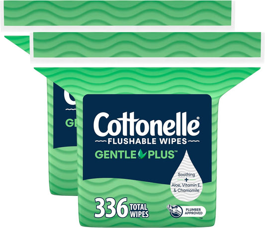 Cottonelle GentlePlus Flushable Wet Wipes with Aloe & Vitamin E, 2 Refill Packs, 168 Wipes Per Pack (336 Total), Packaging May Vary
