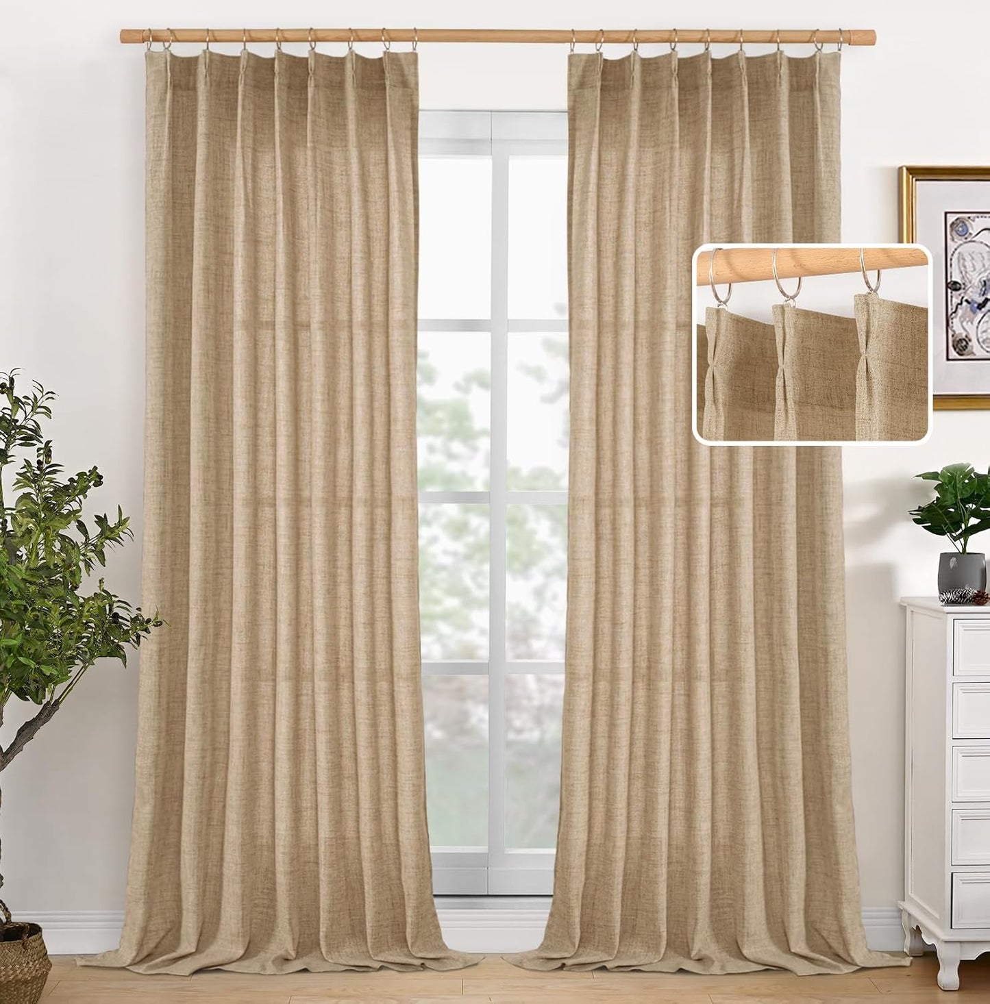 YoungsTex Toffee Linen Semi Sheer Curtains 95 Inch Length 2 Panels for Living Room, Bulap Light Filtering Drapes with Pinch Pleated for Bedroom Dining Farmhouse, 40 X 95 Inch