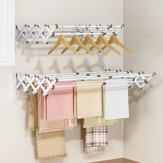 APEXCHASER Wall Mounted Clothes Drying Rack, Laundry Drying Rack Retractable, Towel Racks Wall Mounted for Bathroom Balcony Laundry Room Indoor, Foldable Accordion Dryer Rack for Clothing, White