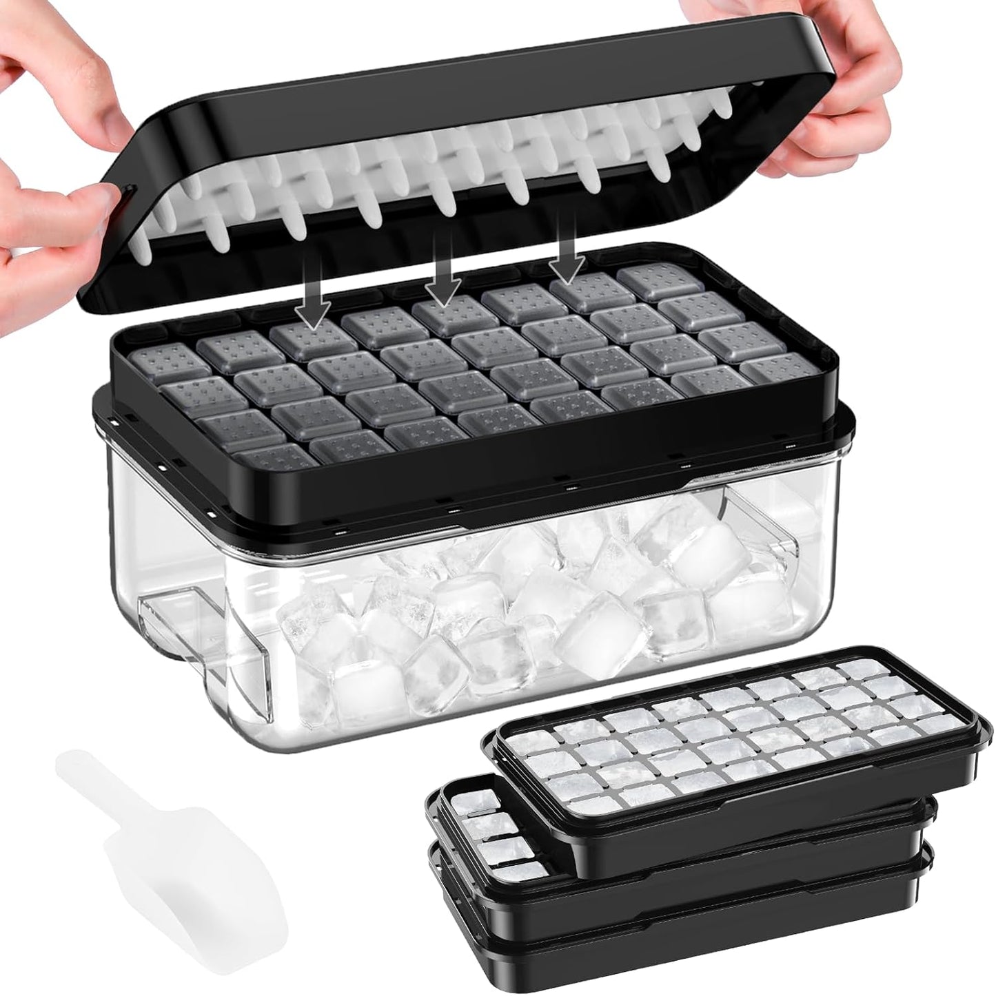 PHINOX Ice Cube Tray with Lid and Bin, 3 Pack Plastic Ice Cube Tray Molds, 96(4*8*3) pcs Ice Trays for freezer, Chilling Drinks, Whiskey & Cocktails, with Ice Container and Ice Scoop, BPA-Free, Black