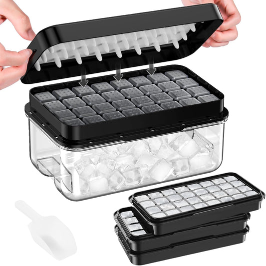 PHINOX Ice Cube Tray with Lid and Bin, 3 Pack Plastic Ice Cube Tray Molds, 96(4*8*3) pcs Ice Trays for freezer, Chilling Drinks, Whiskey & Cocktails, with Ice Container and Ice Scoop, BPA-Free, Black