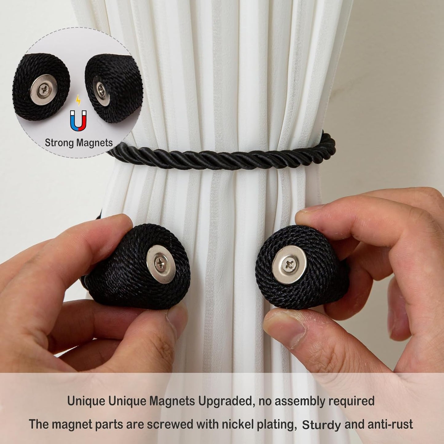 Magnetic Curtain Tiebacks 6 Pack Outdoor Rope Curtain Tie Backs Decorative Window Treatment Holdbacks for Home Decorative Curtain, Black