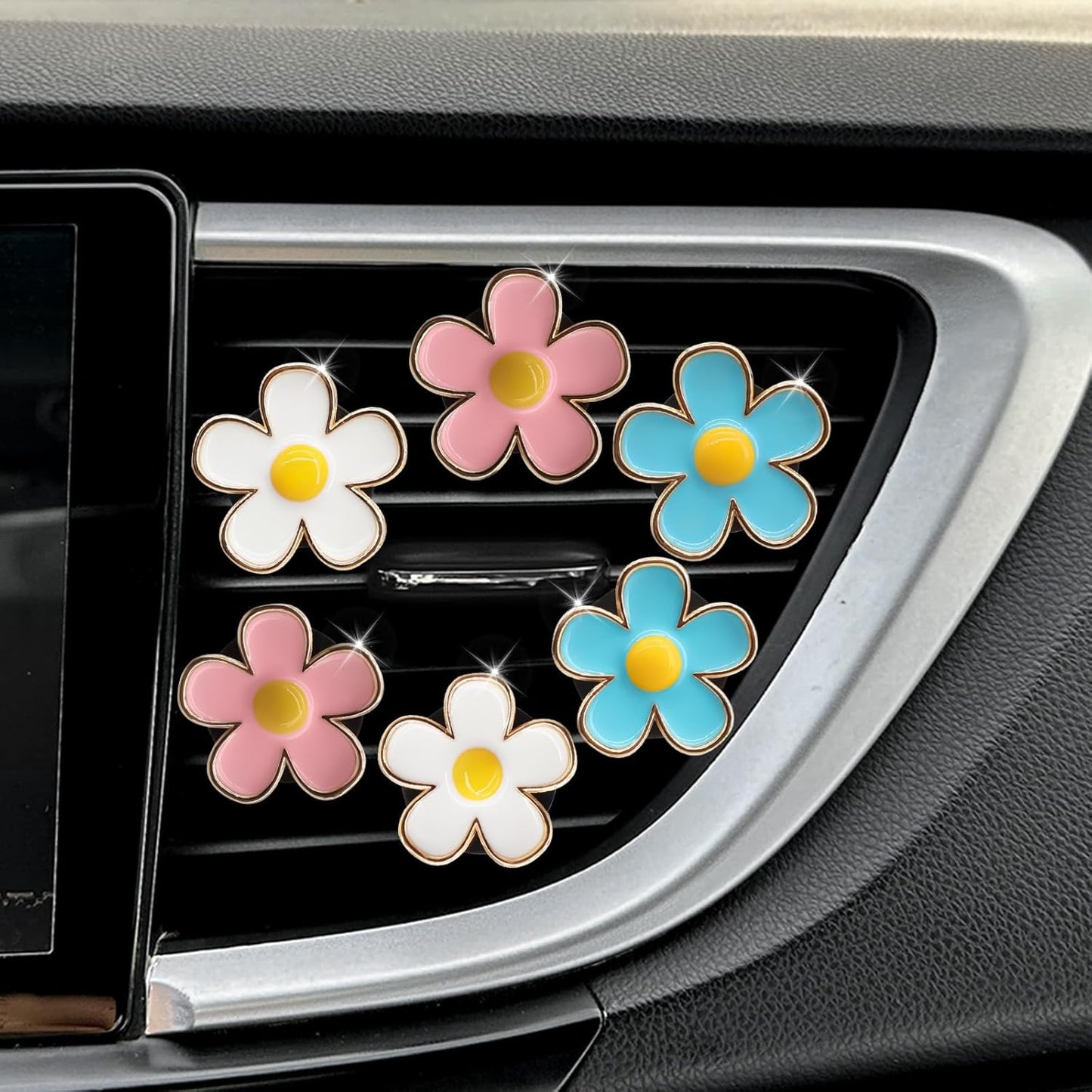 6pcs Flowers Car Air Freshener Vent Clips,Blue White Pink Daisy Flowers Air Vent Clip Car Accessories for Women,3cm/2.7cm Refillable Daisy Decor Diffuser