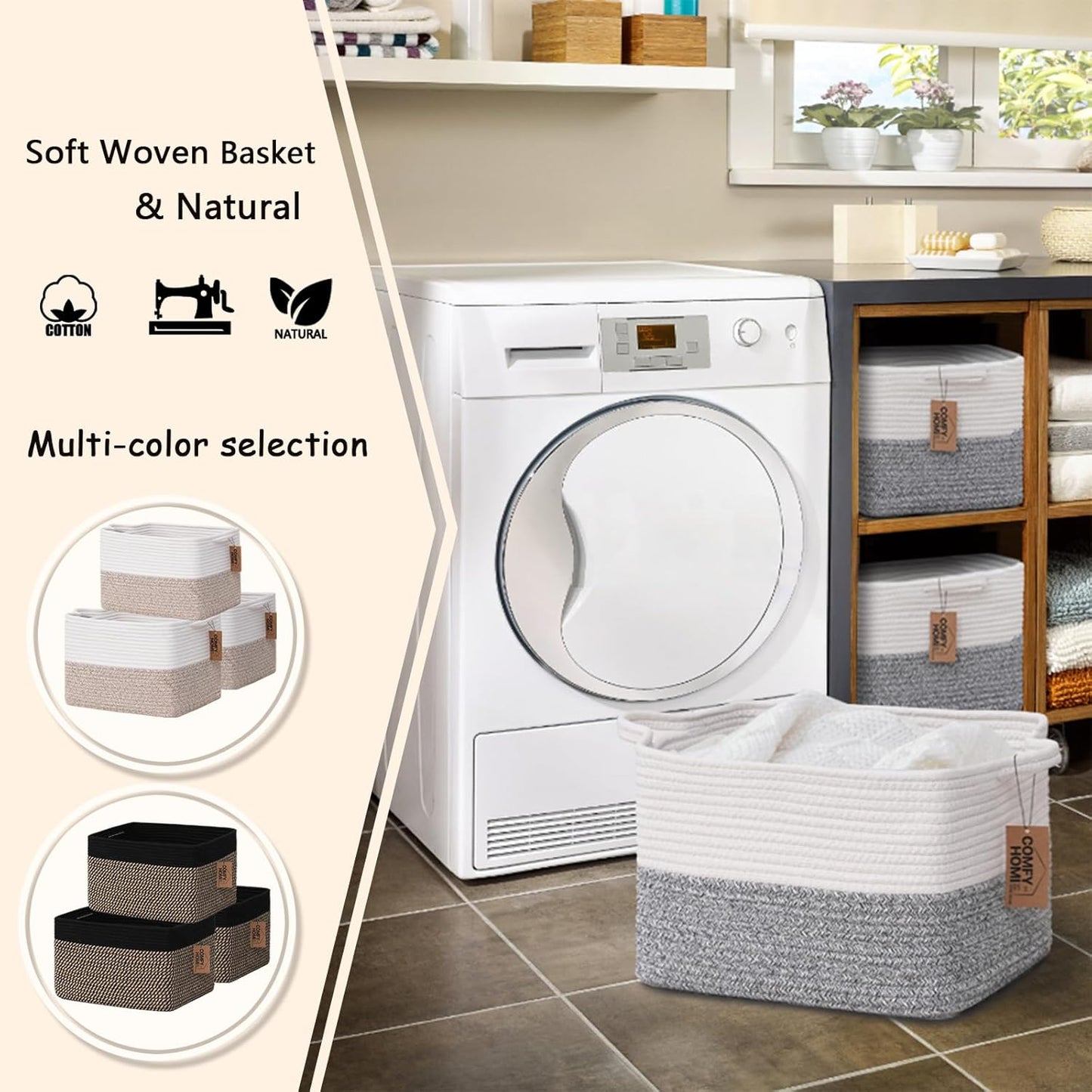 COMFY-HOMI 3-Pack Cotton Rope Woven Basket with Handles for Shelves, Book, Cloth Basket|Dog Toy Basket for Organizingy|13.5" x 11" x 9.5" for Bedroom（White/Grey）