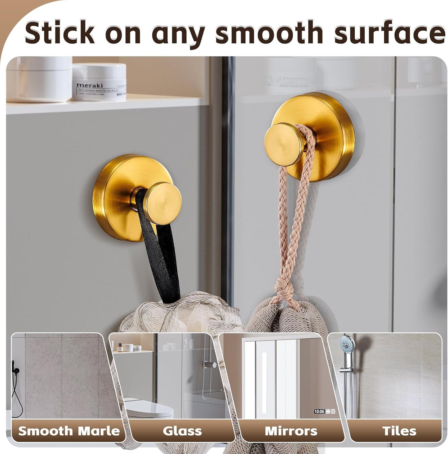 Reusable Heavy Duty Suction Cup Hooks for Kitchen/Bathroom/Shower - Wet-Proof Hooks for Towels, Robes, Loofah&Wreaths/No Drill Mounting on Glass, Tile, Metal (4, Brushed Gold)