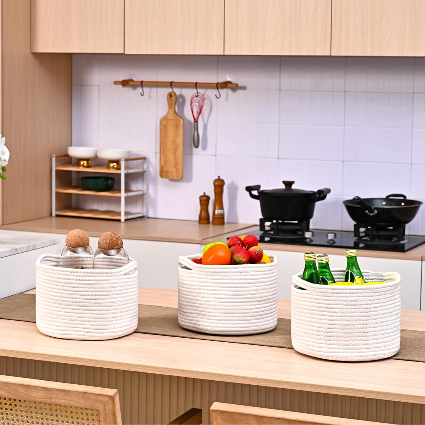 Small Storage Baskets for Organizing, Organizer Baskets for Shelves, Woven Basket for Storage, Cute Basket for Gifts Empty, Cotton Rope Baskets, 9.7"×9.7"×7" (3 Packs) Off White