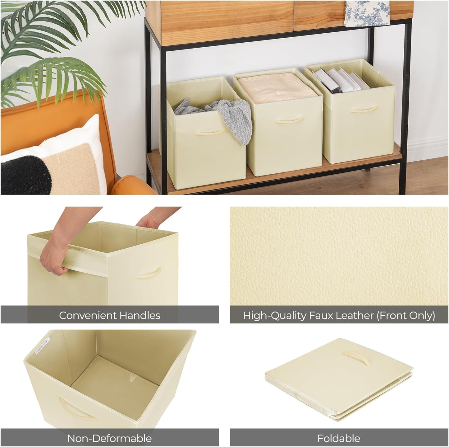 StorageWorks Beige Storage Cubes, 11 Inch Cube Storage Bins with Handle, Cube Storage Organizer Bins for Shelves and Closet, Collapsible Storage Bins, 4-Pack