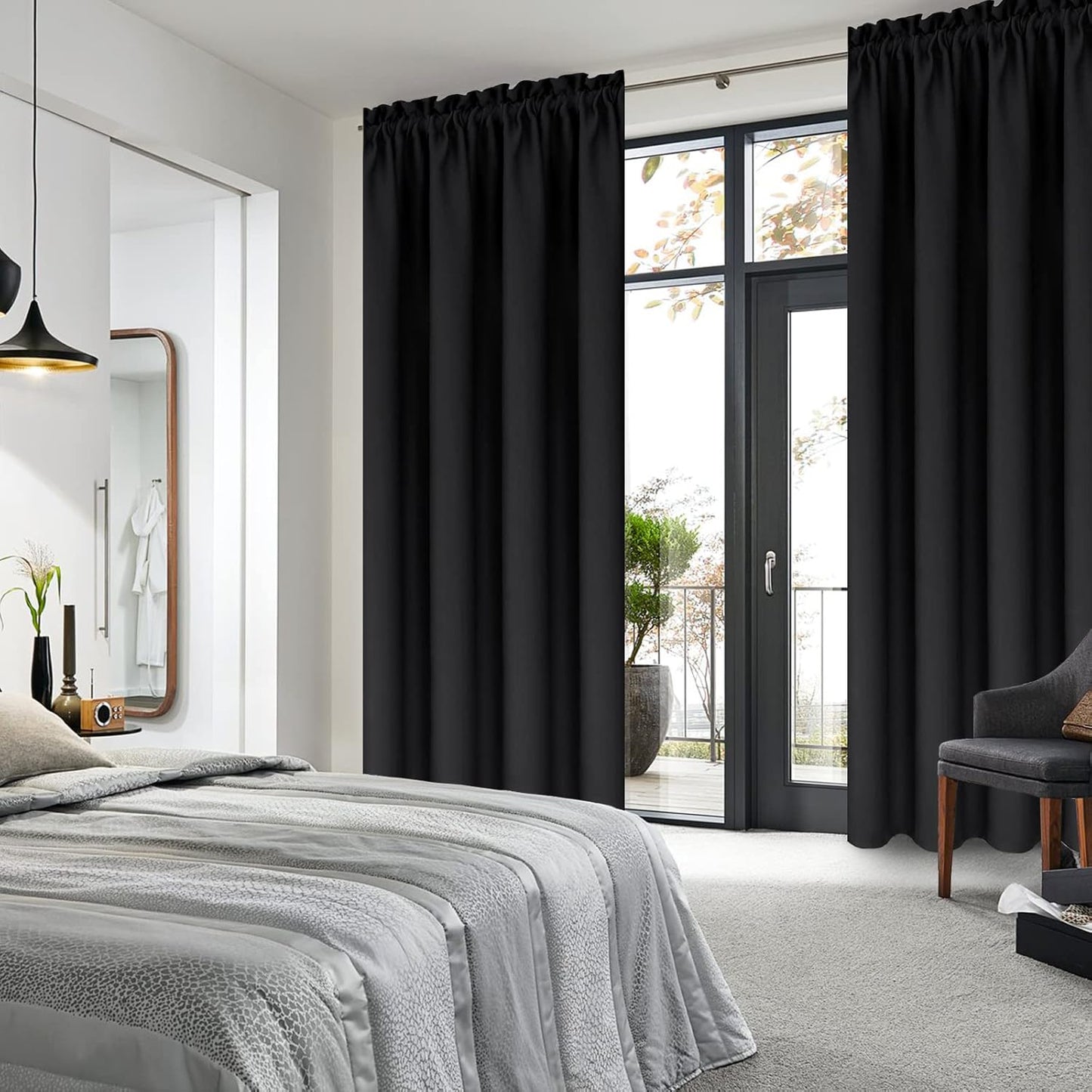 DWCN Blackout Curtains for Bedroom – Thermal Insulated Energy Saving Drapes for Living Room, Black, W 38 x L 84 Inch, Set of 2 Rod Pocket Curtain Panels