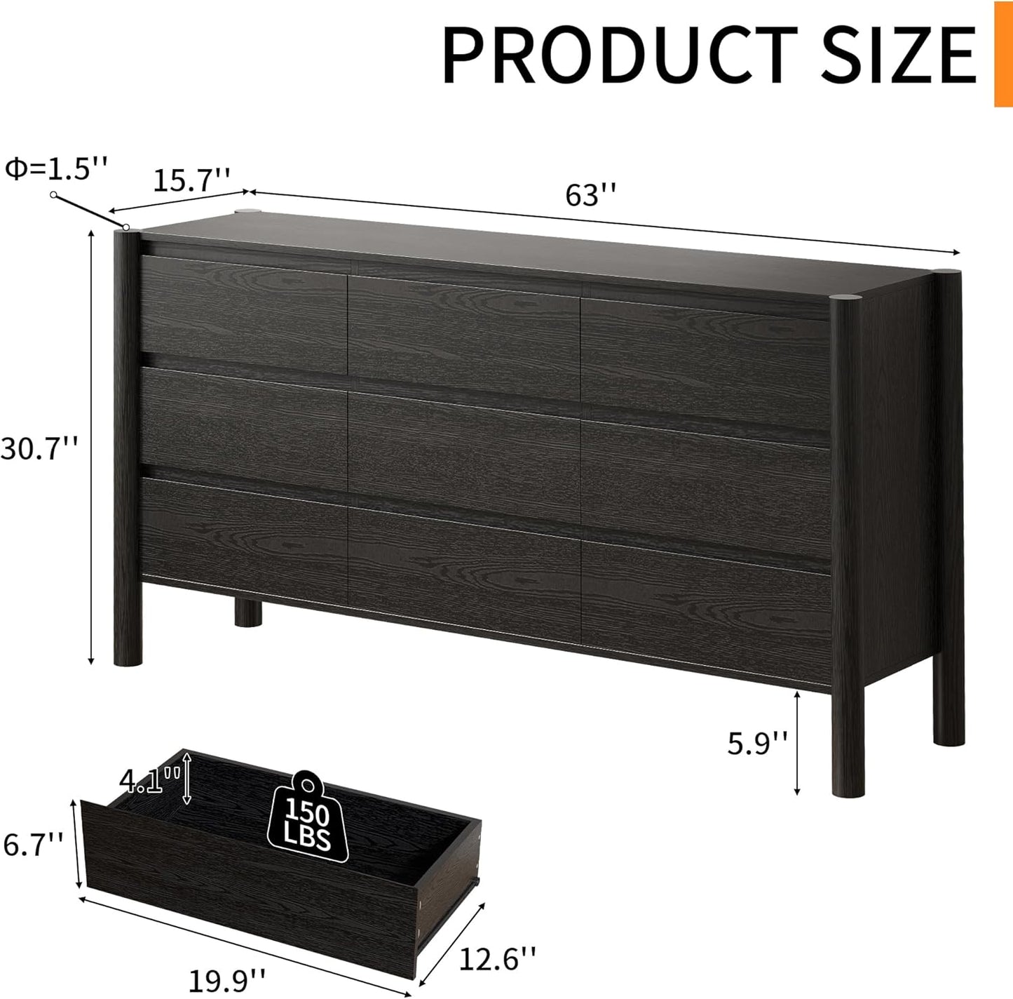 Dresser for Bedroom with 9 Drawers,63" Wide Black Dresser with 4 Solid Wood Legs, Wooden TV Stand,Closet Clothes Organizer for Bedroom, Hallway
