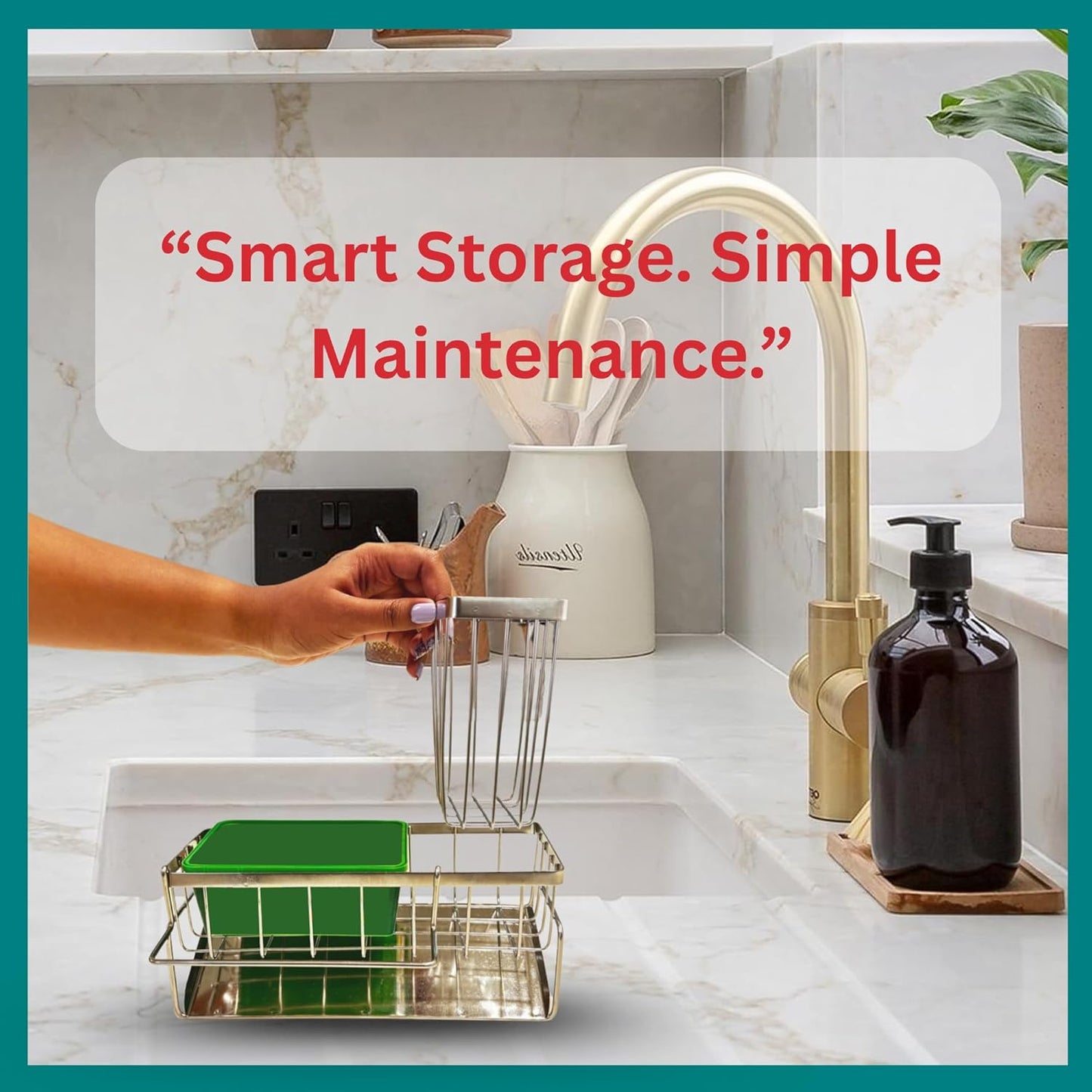 Sponge Holder for Kitchen Sink Self-Draining Sink Caddy with Brush & Dishcloth Holders Stainless Steel Kitchen Organizer for Countertop Rustproof & Durable