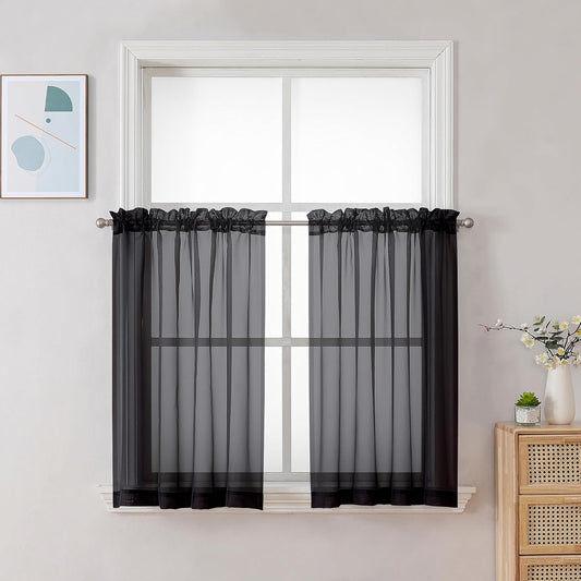 Chyhomenyc Black Sheer Curtains 30 inch Length 2 Panels, Light Filtering Voile Rod Pocket Short Window Curtians for Bathroom Living Room Farmhouse Small Windows, 42Wx30L inches