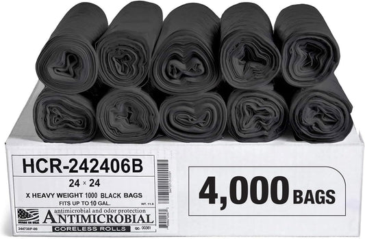Aluf Plastics High Density Trash Bags, 10 Gallon, 4000 Count, 6 Micron (eq), 24" x 24", Black, for Bathroom, Office, Industrial, Commercial, Janitorial, Municipal, Recycling
