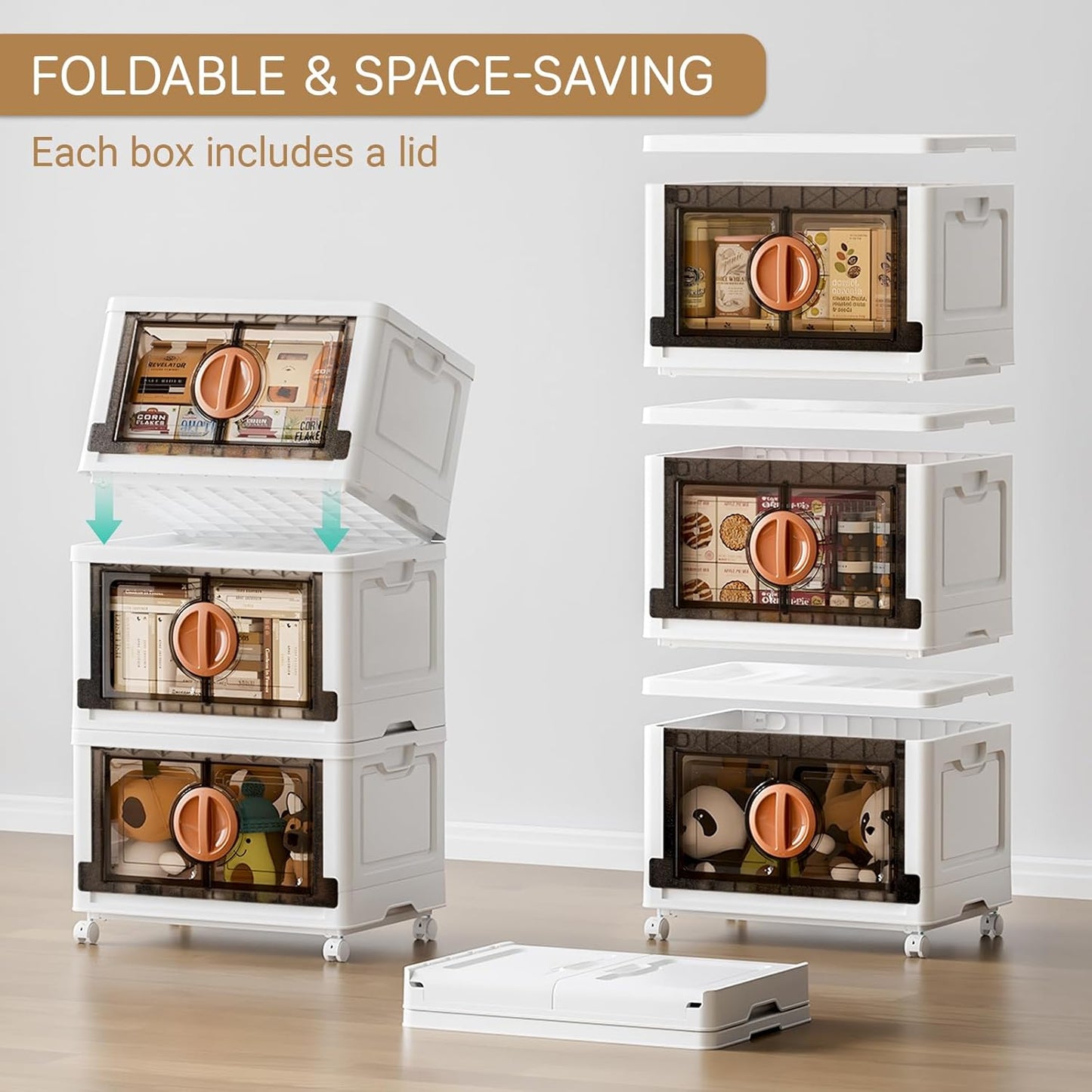 JEKO&JEKO 332Qt Lockable Stackable Storage Bins with Lids, Collapsible Closet Organizer with Wheels, Plastic Cabinet Drawer for Clothes, Dorm Room 4 Pack (White)