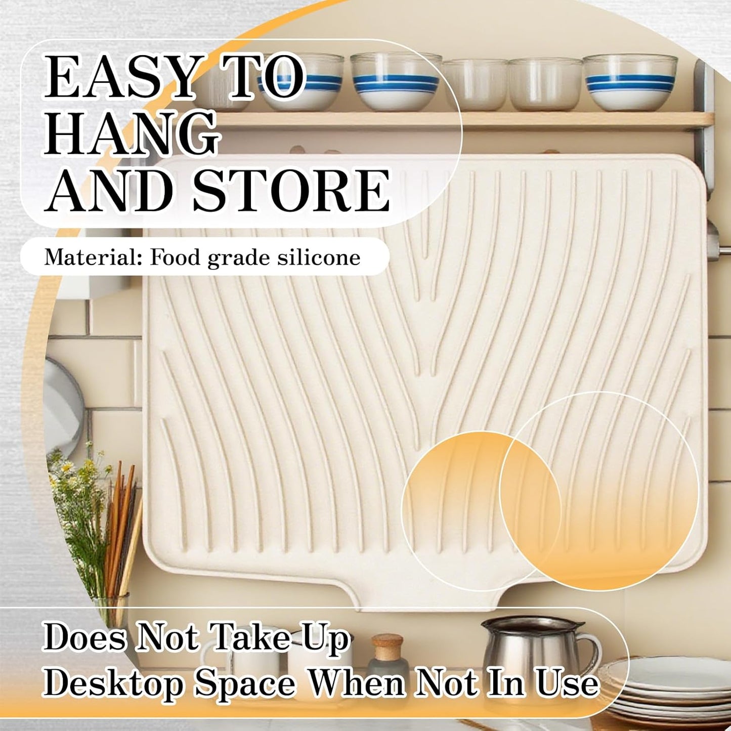 RoseFlower Dish Drying Mat, Large 15.7" x 13" Silicone Dish Mat Drying Kitchen Mat, Faucet Mat for Kitchen Sink, Dish Drying Mats for Kitchen Counter, Refrigerator or Drawer Liner - White