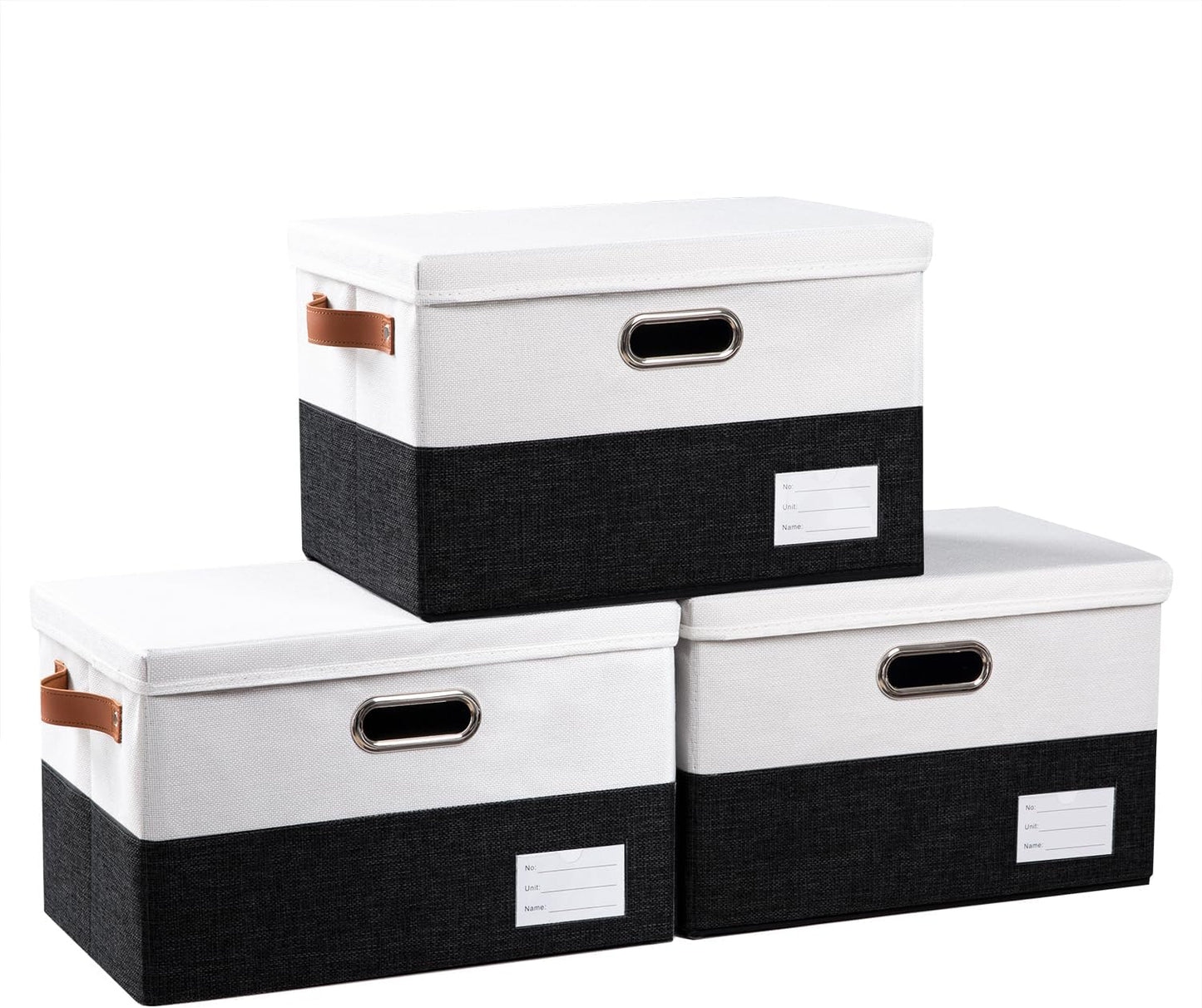 PRANDOM Foldable Storage Bins with Lids [3-Pack] Fabric Collapsible Storage Boxes Baskets Cubes Containers with Handles for Closet Living Room Bedroom (Black & White 14.9x9.8x9.8'')