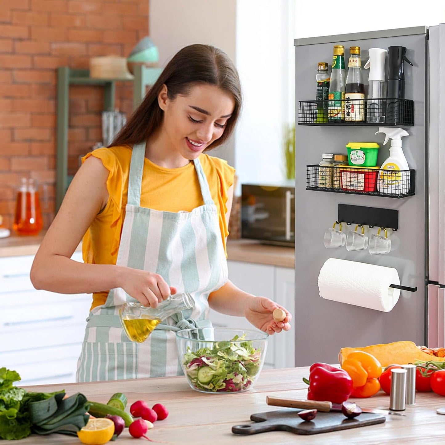 Magnetic Spice Rack for Refrigerator Magnetic Fridge Shelf for Kitchen Spice Organizer Magnetic Shelf, Classic Grid Design, 2*Spice Racks, 1*Hooks Rack, 1*Paper Towel Holder, 5*Removable Hooks