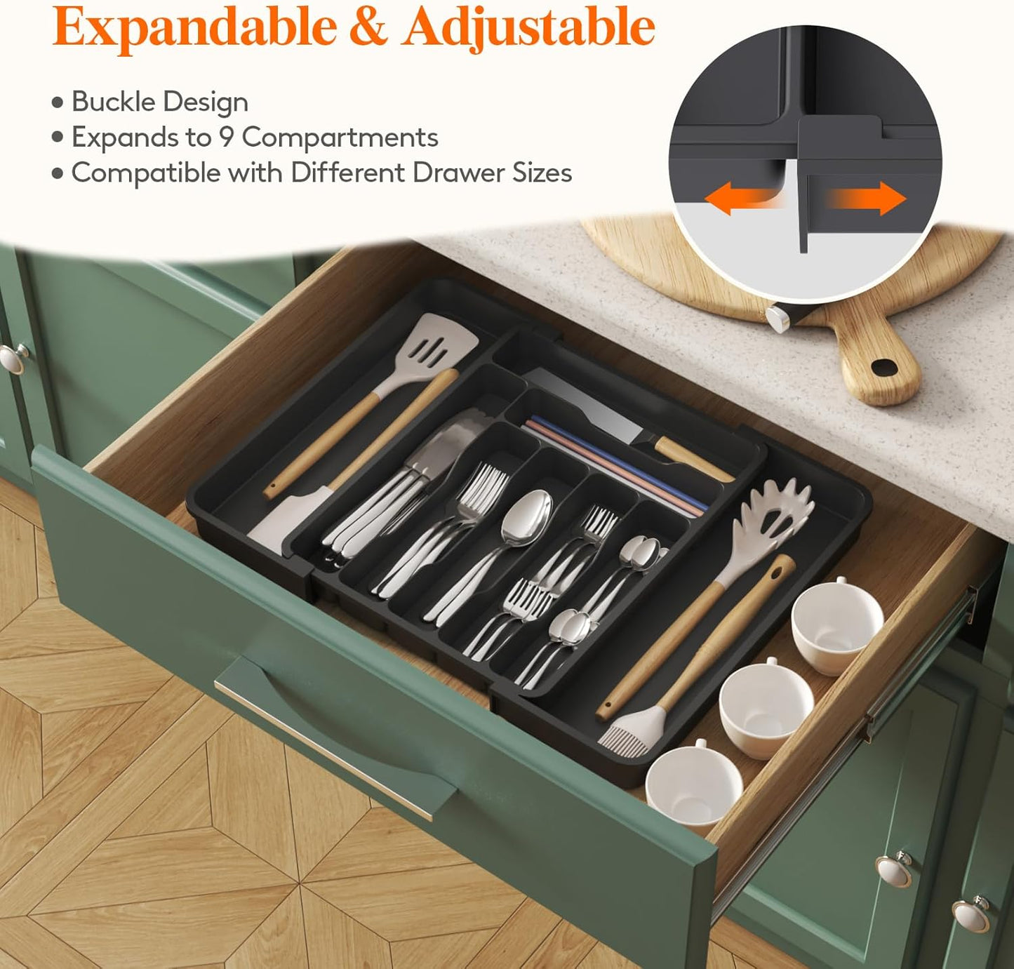 Lifewit Silverware Drawer Organizer, Expandable Utensil Organizer for Kitchen Drawers, Adjustable Cutlery and Flatware Tray, Plastic Spoons Forks Knives Holder Storage Dividers, Medium, Black