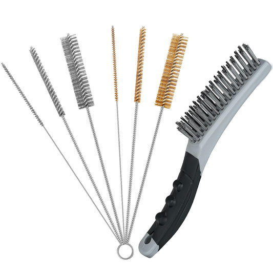 7 PCS Wire Brush Set, Brass Wire Brush and Stiff Bristle Metal Brush with Handle, Heavy Duty Stainless Steel Wire Brushes for Cleaning Rust, Paint Removal, Grill, Welding Slag