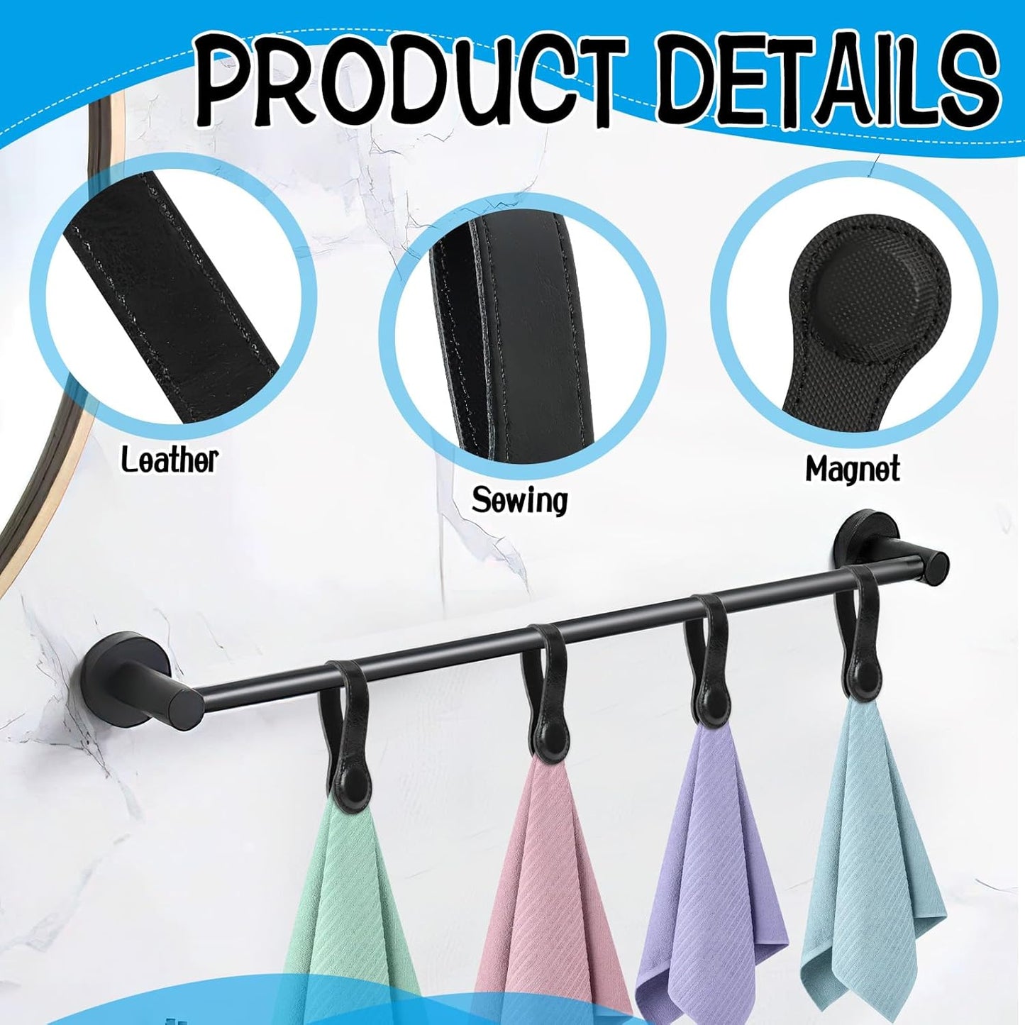 4 PCS Genuine Leather Towel Clips for Kitchen, Magnetic Hand Clips, Towel Holder with Magnet for Rods and Racks, Bathroom Accessory (Black)