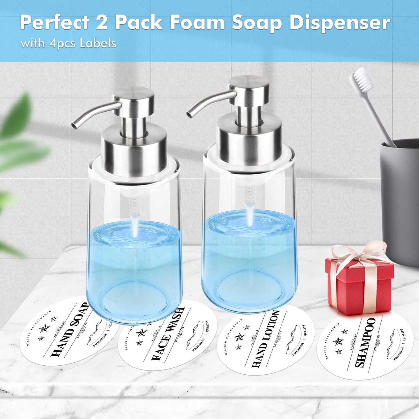 2 Pack Glass Foaming Soap Dispenser With Waterproof Labels, Hand and Dish Set, Rust Proof Stainless Steel Pump, 15 Oz Clear Bottle for Kitchen & Bathroom