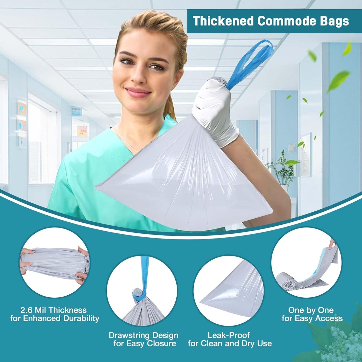 Commode Liners with Absorbent Pads- 50 Commode Bags+ 50 Commode Pads, Extra Thicken Commode Toilet Liners Universal Fit Bedside Commode, Portable Toilet, Chair Bucket, Bedpan