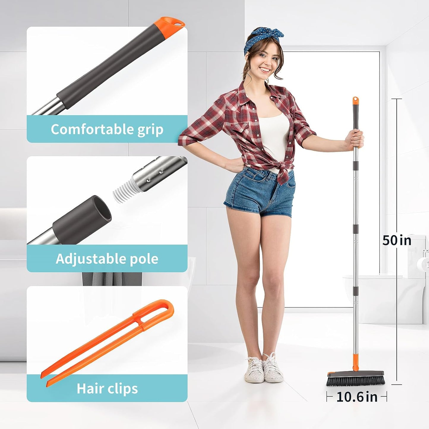 AIR U+ Grout Brush with Long Handle 180° Swivel Scrub Brush with Tweezers to Hair Clip V-Shape Grout Line Scrubber Stiff Bristles for Deep Cleaning Crevice, Tile Line, Shower, Kitchen, Corners