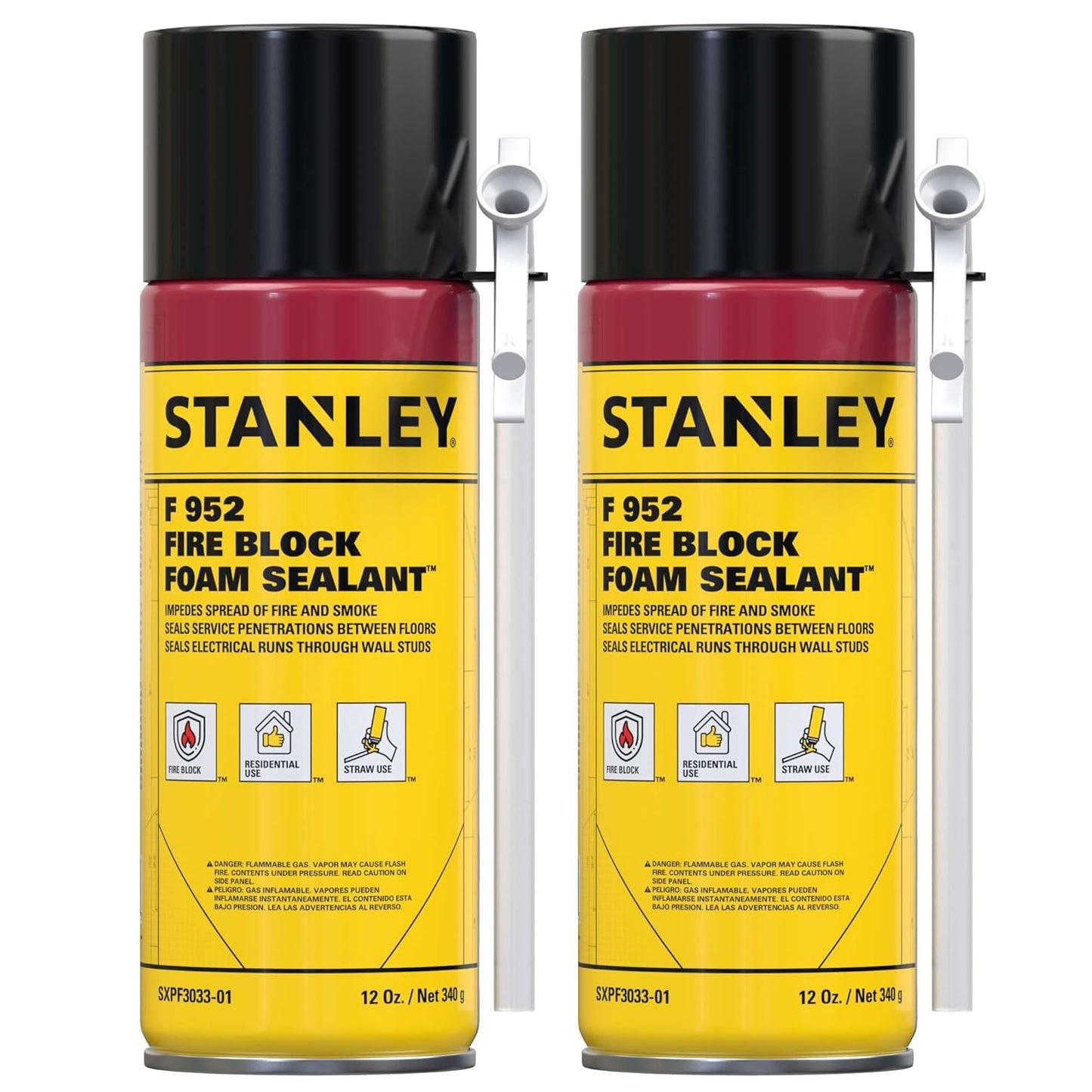 Stanley F952 Fire Block Spray Foam – (2x12oz) Fire Rated Expanding Polyurethane Foam Sealant for Gap Filling & Sealing on Doors, Windows, Walls, Pipes & Joints – Indoor/Outdoor Straw Use | 2 Pack
