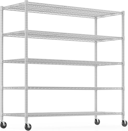 Himimi Storage Shelves with Wheels, 5-Tier Heavy Duty Steel Wire Rack Storage Shelving, Adjustable Metal Storage Shelves for Garage Kitchen Pantry Bathroom Laundry 18" D*60" W*82" H, Silver