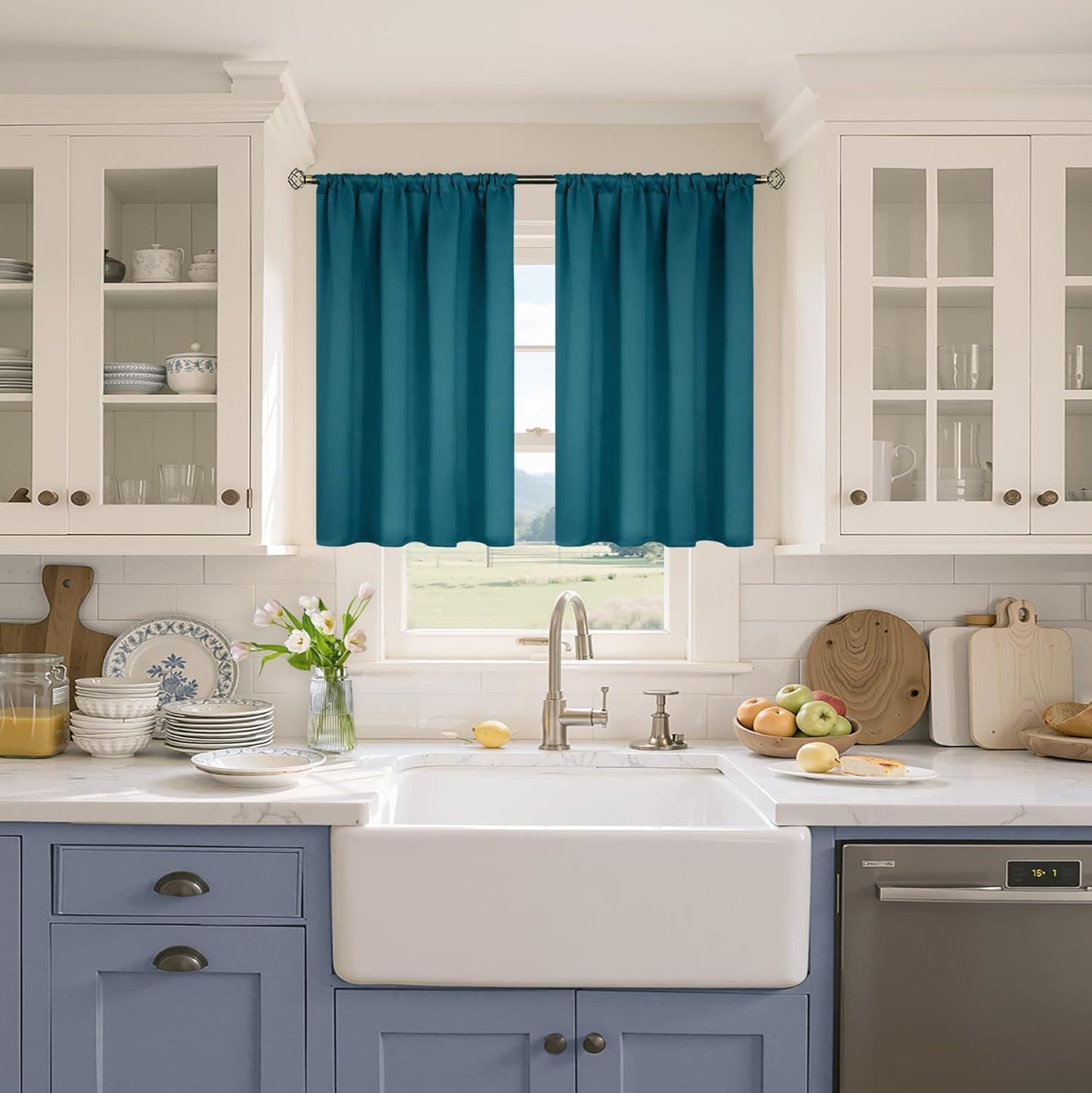 BGment Peacock Blue Blackout Curtains for Kitchen Cafe Window - Short Window Drapes Thermal Insulated Blackout Blinds for Rv Bathroom Privacy, 42 x 36 Inch, 2 Panels