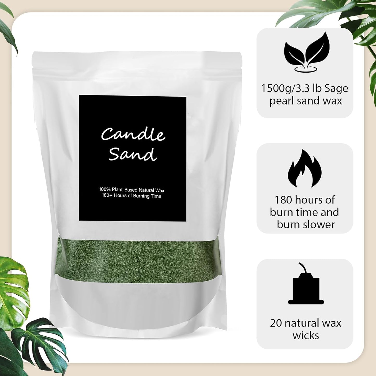 MTLEE Candle Sand 3.3 lb DIY Pearled Candle Making Kit Included 20 Pcs Wicks and Refillable Beaded Wax Sand Beaded Wax Gift with Wicks Self Extinguish for Home Wedding Party Women(Green)