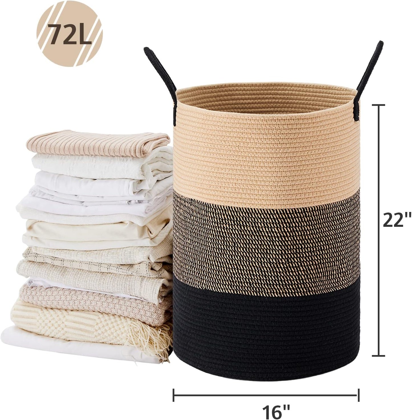 VIPOSCO Large Laundry Hamper, Tall Woven Rope Storage Basket for Blanket, Toys, Dirty Clothes in Living Room, Bathroom, Bedroom - 72L Brown & Black