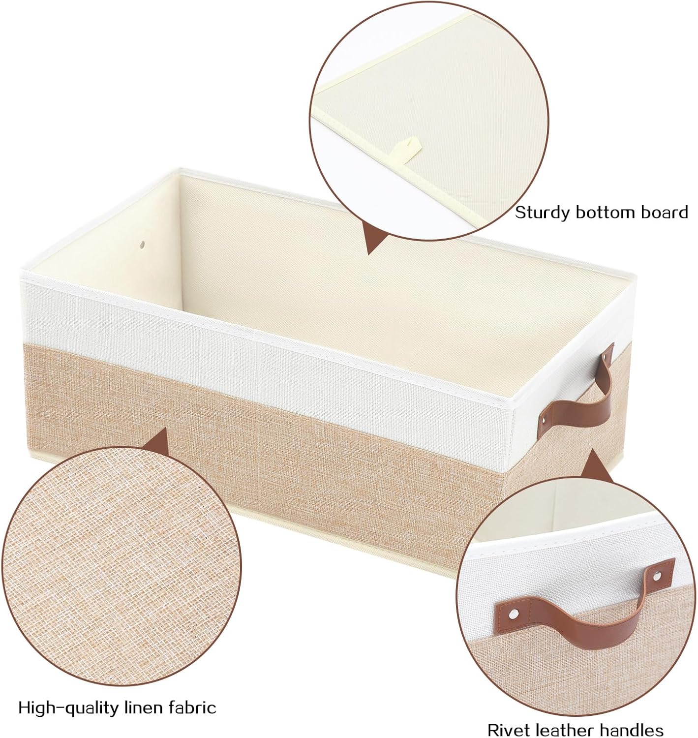 6 Pack Fabric Storage Bins, Large Storage Baskets for Shelves, Foldable Closet Organizer Storage Boxes with Leather Handles for Clothes, Sheets, Jeans, Toys, Books (Beige and White)