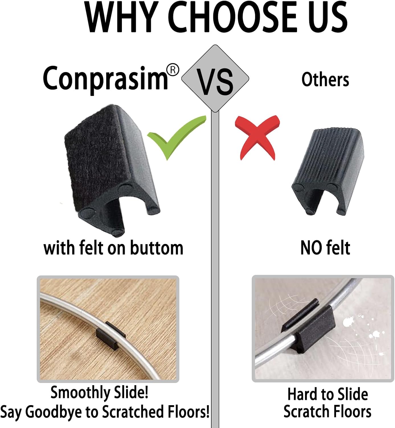 Rectangle U Shaped Chair Leg Tips Caps with Felt Pads,Furniture Feet Protector Slide Smoothly Glides No Scratches No Noise Protect Hardwood Floor,Fit 10mm(25/64inch) Diameter Tubular Leg (Black 8PCS)