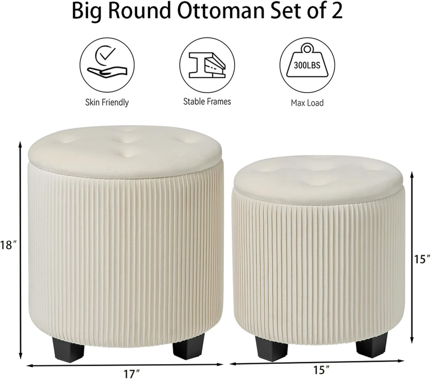 Big Round Ottoman with Storage Set of 2,Upholstered Velvet Vanity Stool for Makeup Multifunctional Foot Rest Coffee Table Padded Seat Tufted Ottomans for Living Room&Bedroom（White）
