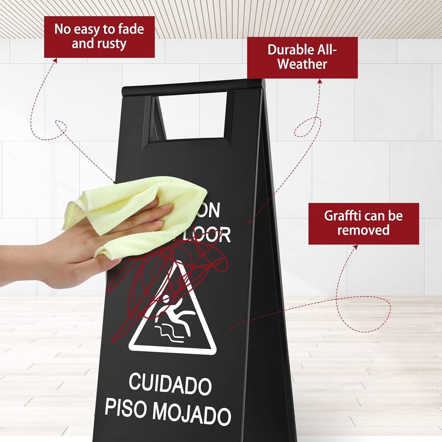 Kigley 2 Pcs Wet Floor Sign, 24 Inch Stainless Steel Caution Wet Floor Sign Double Sided Portable Foldable Bilingual Safety Warning for Hotel Market Restroom Restaurant Office (Black)