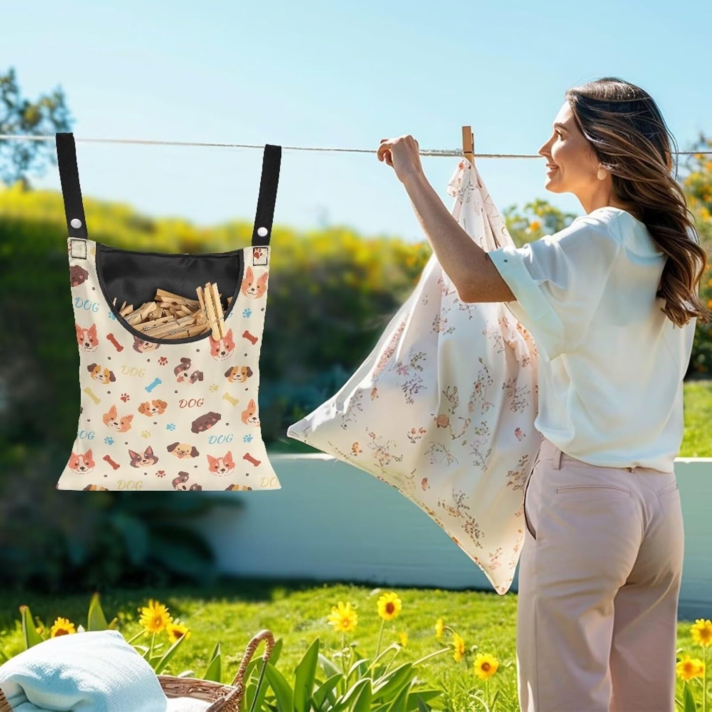 Clothes Pin Hanging Bag with Hanging Rope 14.5 X 12 Inch Clothespin Bag for Clothes Pins and Clothespins Heavy Duty Outdoor Use - Dog