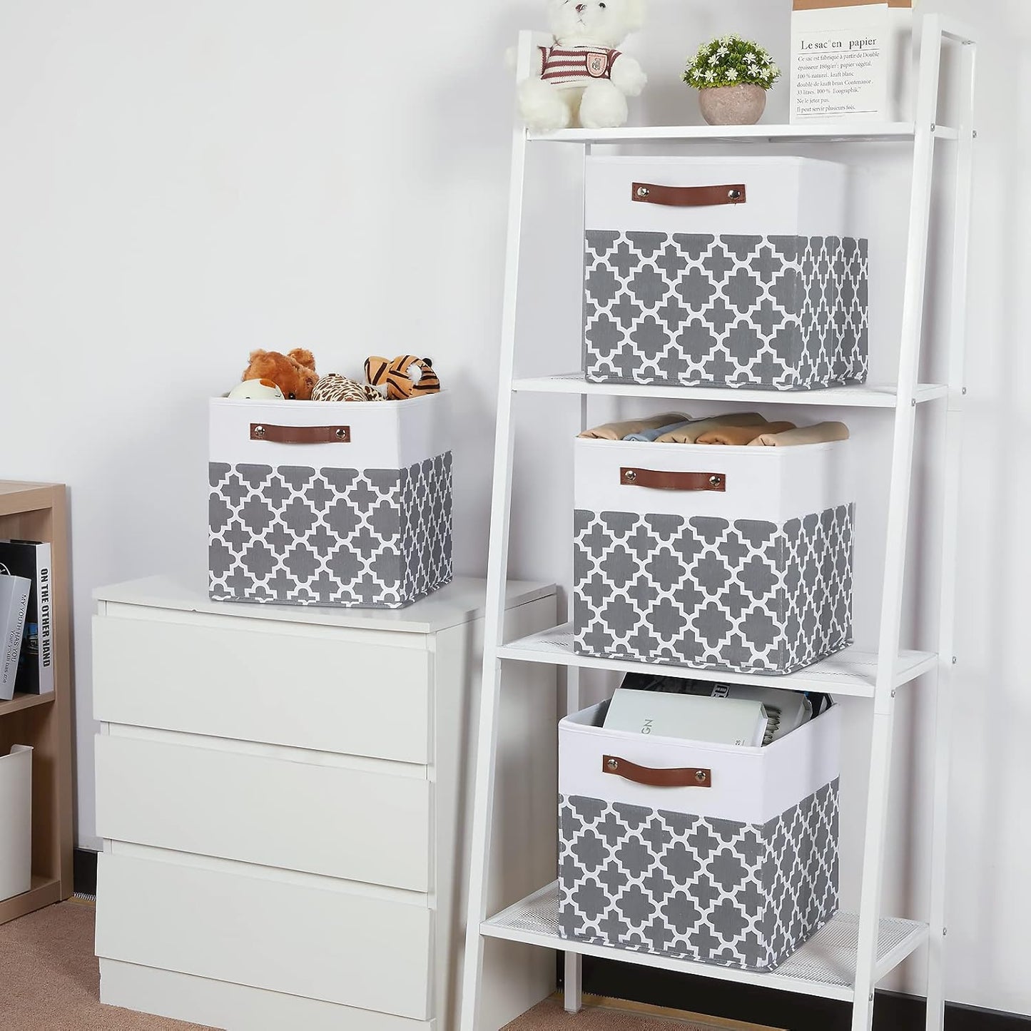 Temary 12x12x12 Fabric Storage Bins 4 Pack with Leather Handle, Foldable Cubes Storage Box Baskets for Closet, Shelf (White&Lattice)