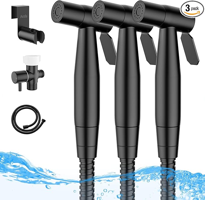 Arofa Handheld Toilet Bidet Sprayer for Toilet-Adjustable Water Pressure Control with Bidet Hose for Feminine Wash, Stainless Steel Brushed Nickel Bidet Faucet Cloth Diaper for Baby Wash, Black,3 Pack