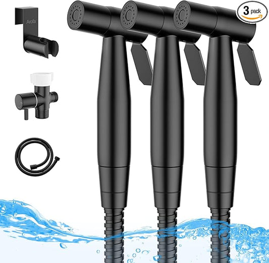 Arofa Handheld Toilet Bidet Sprayer for Toilet-Adjustable Water Pressure Control with Bidet Hose for Feminine Wash, Stainless Steel Brushed Nickel Bidet Faucet Cloth Diaper for Baby Wash, Black,3 Pack