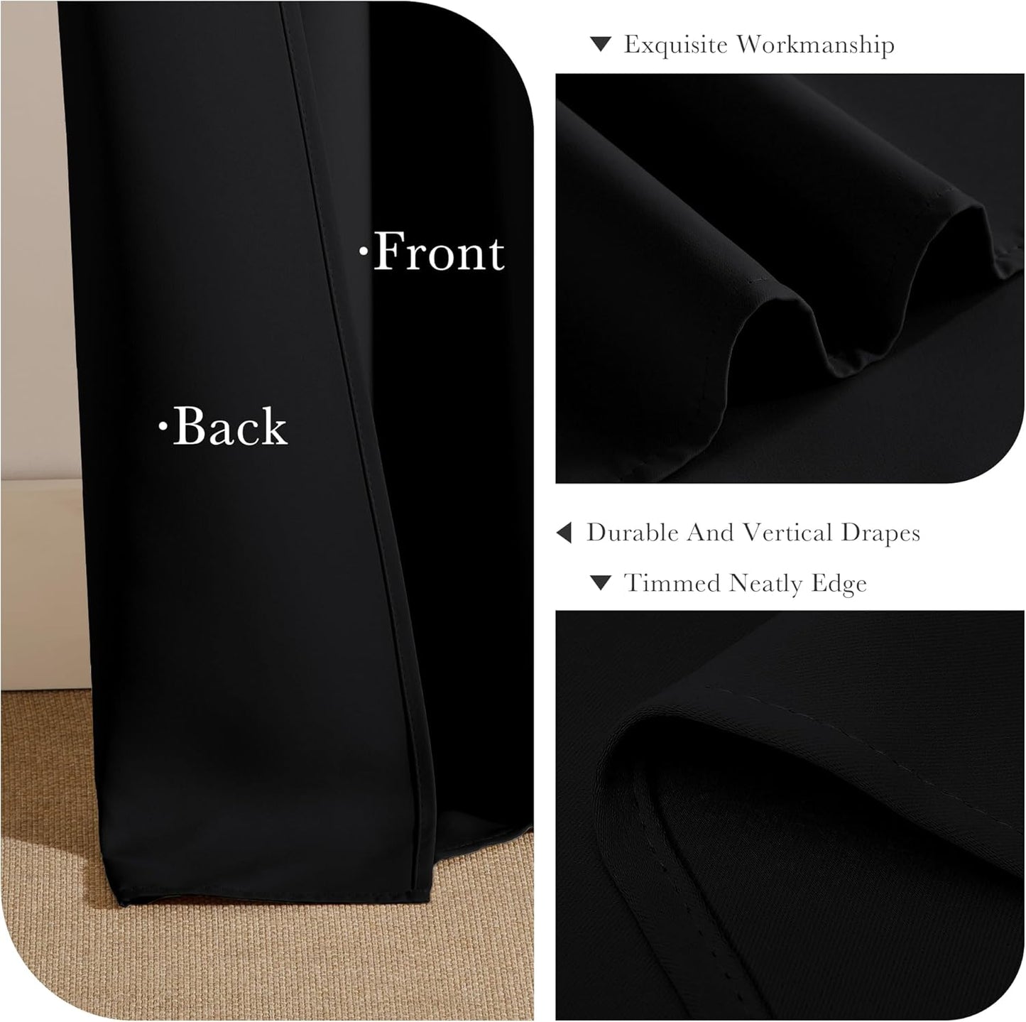 PONY DANCE Blackout Short Window Curtain Panels 40 inch Long - Thermal Insulated Drapes for Bedroom Dorm Storage Cabinet Door Kitchen Basement Farmhouse Decor, Black, W 42 x L 40 inches, 2 Panels