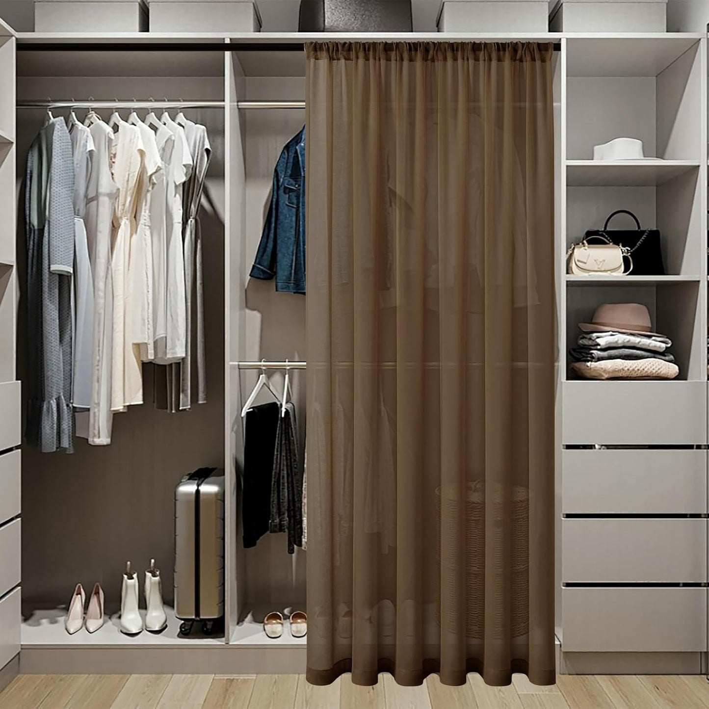 Tollpiz Sheer Door Curtain Closet Linen Textured Curtains Sheer Doorway Light Filtering Voile Patio Glass Door Rod Pocket Curtain French Door, 54 x 72 inches Long, Brown, Set of 1 Panel