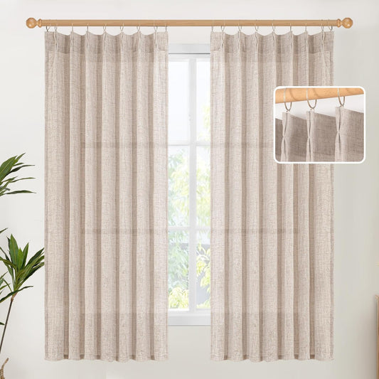 YoungsTex Natural Linen Curtains 63 Inch Length 2 Panels - Light Filtering Semi Sheer Window Drapes Textured Rustic with Pinch Pleated for Bedroom Living Room Office, 2 Panels, 40 X 63 Inch