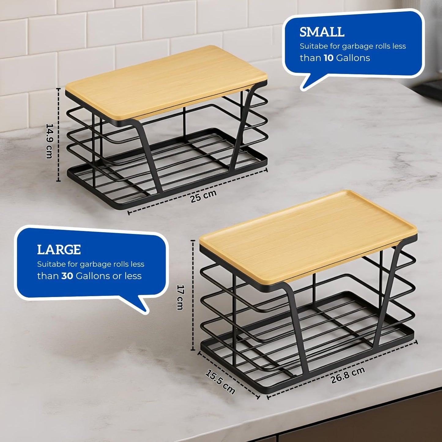 2 - Pack Trash Bag Dispenser with Bamboo Top, Stackable Garbage Bag Holder, Large Capacity Trash Bag Storage Space-Saving Trash Bag Holder Dispenser Storage Solution, Trash Bag Storage Organizer.