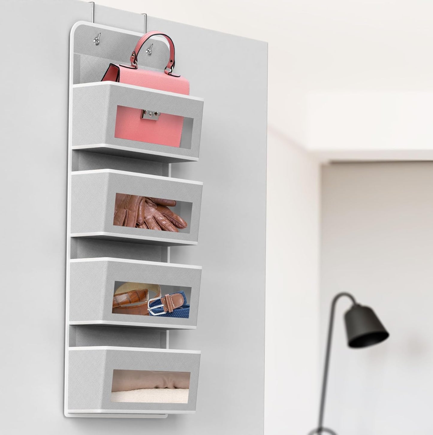 Simple Houseware 4 Clear Window Pocket Over Closet Door Storage Hanging Organizer for Bedroom, Bathroom, Pantry, Gray