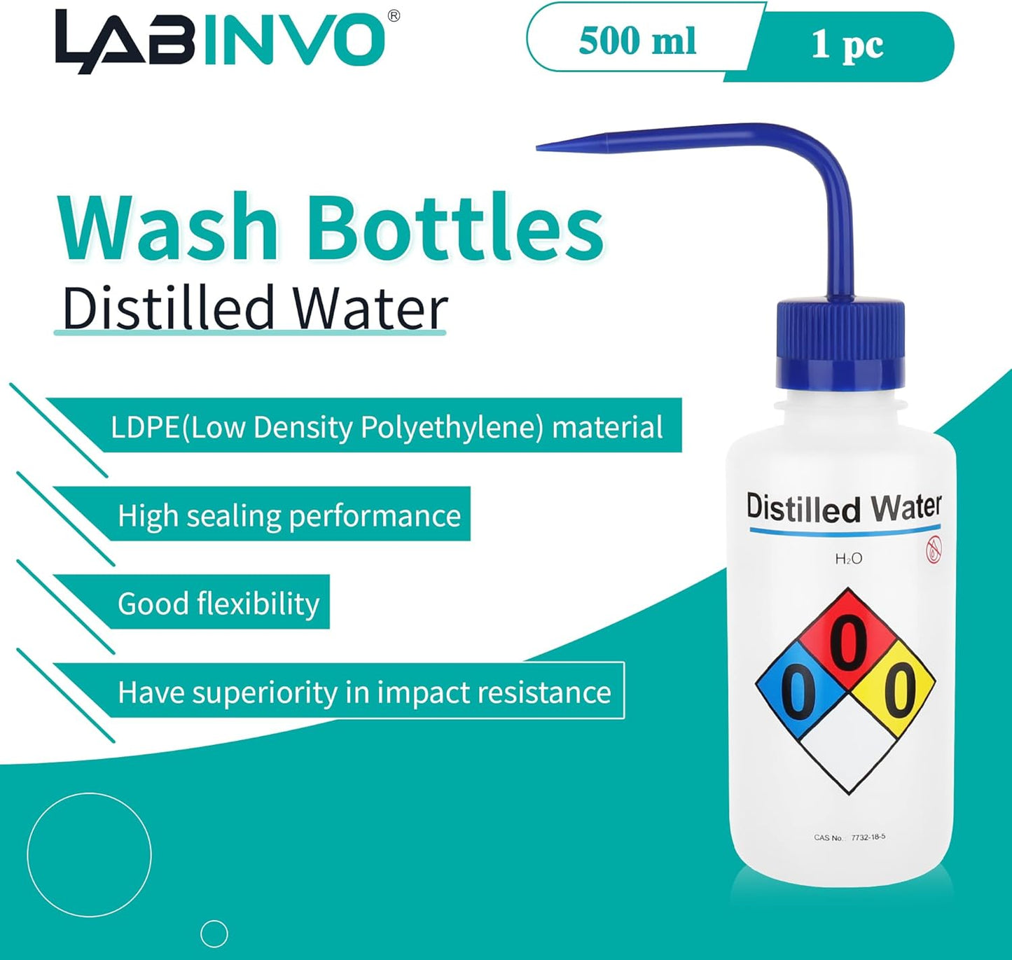Distilled Water Wash Bottles, 1 PC of Vol.500ml (17oz), Narrow Mouth, Self-Venting Safety Wash Bottles, LDPE Material,IN-WBD501