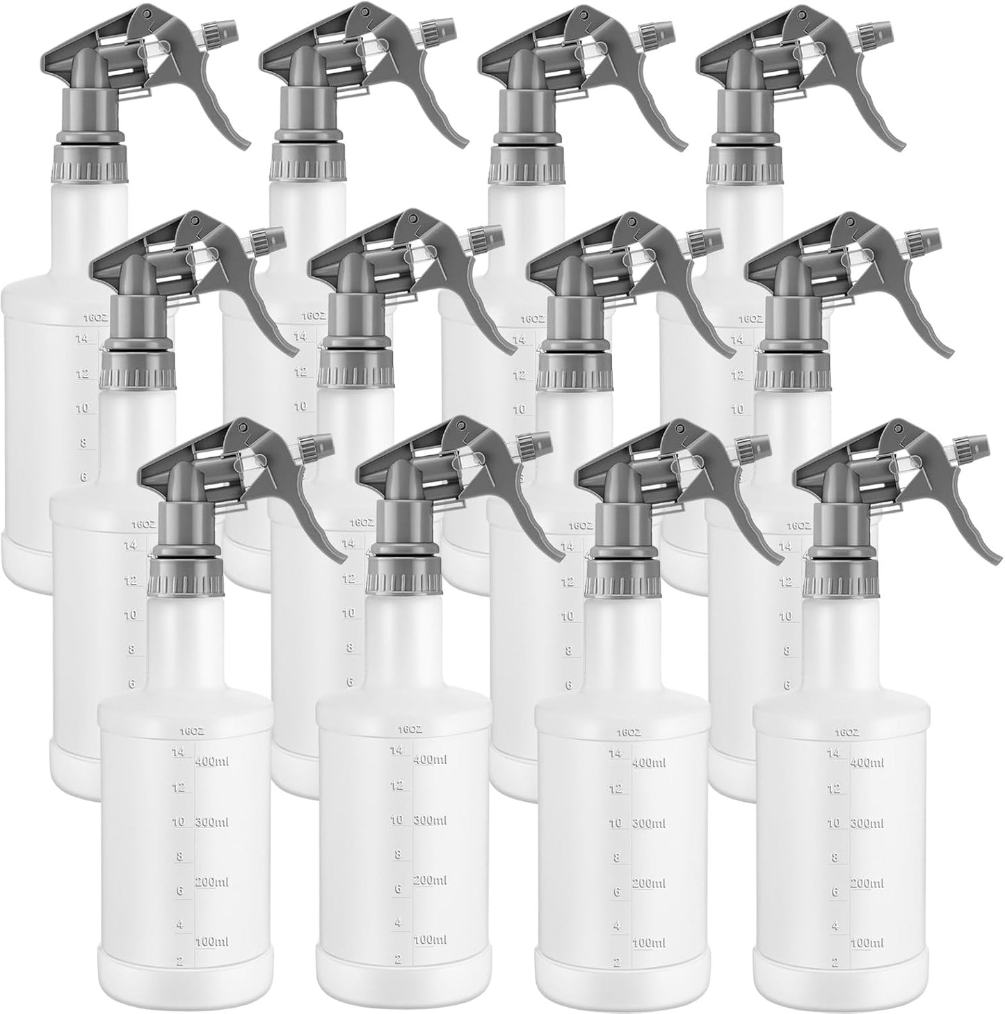 Eccliy 12 Pcs 16 Oz Plastic Spray Bottle, Adjustable Empty Reusable Sprayer for Cleaning, Planting, Water, Bathroom and Kitchen, BBQ, Commercial and Residential(Grey, Measurement)