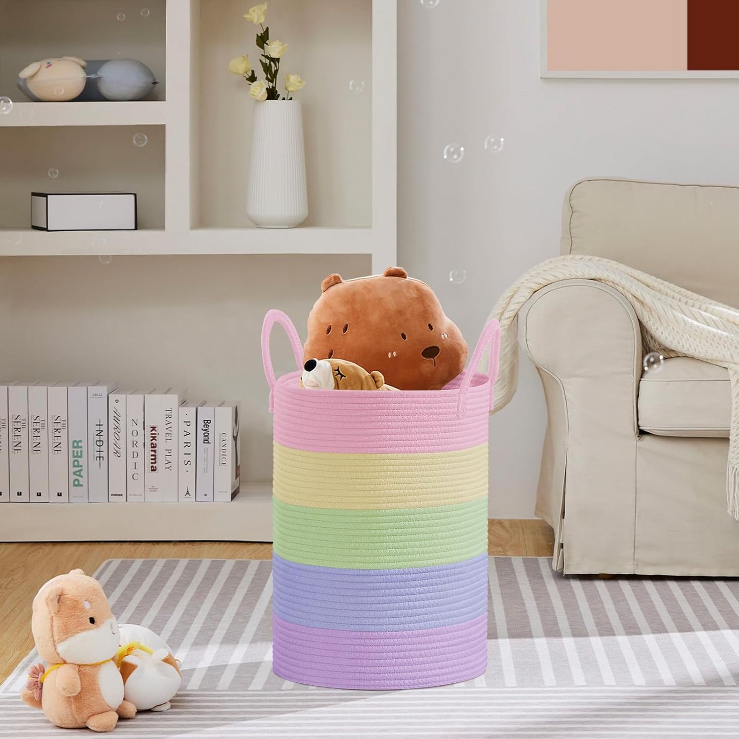 VIPOSCO Large Laundry Hamper, Tall Woven Rope Storage Basket for Blanket, Toys, Dirty Clothes in Living Room, Bathroom, Bedroom - 72L Rainbow