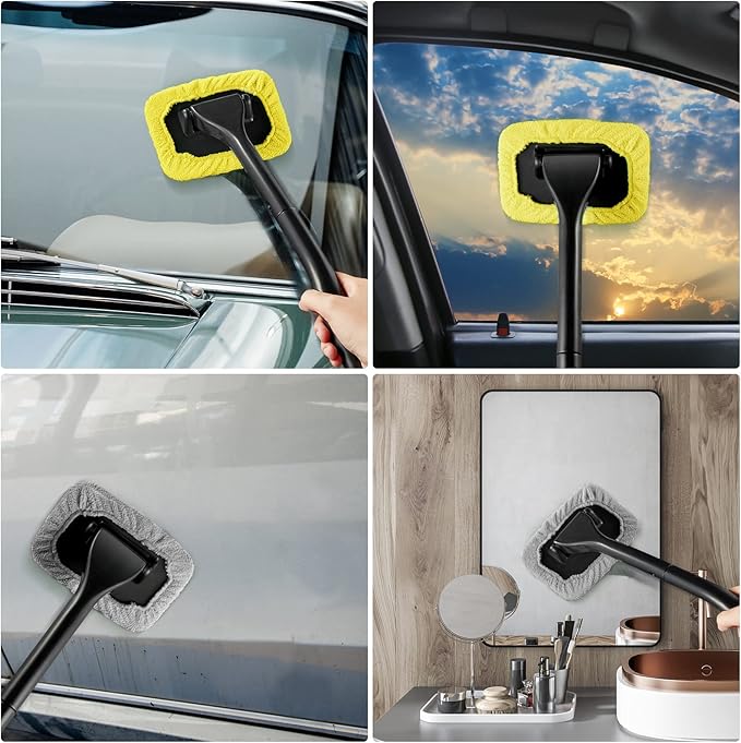 Frienda 2 Set Windshield Cleaner Tool Inside Car Windshield Cleaning Wand Auto Window Cleaner with Detachable Handle, 8 Reusable Microfiber Pads and 2 Spray Bottles for Car Interior(Gray, Yellow)