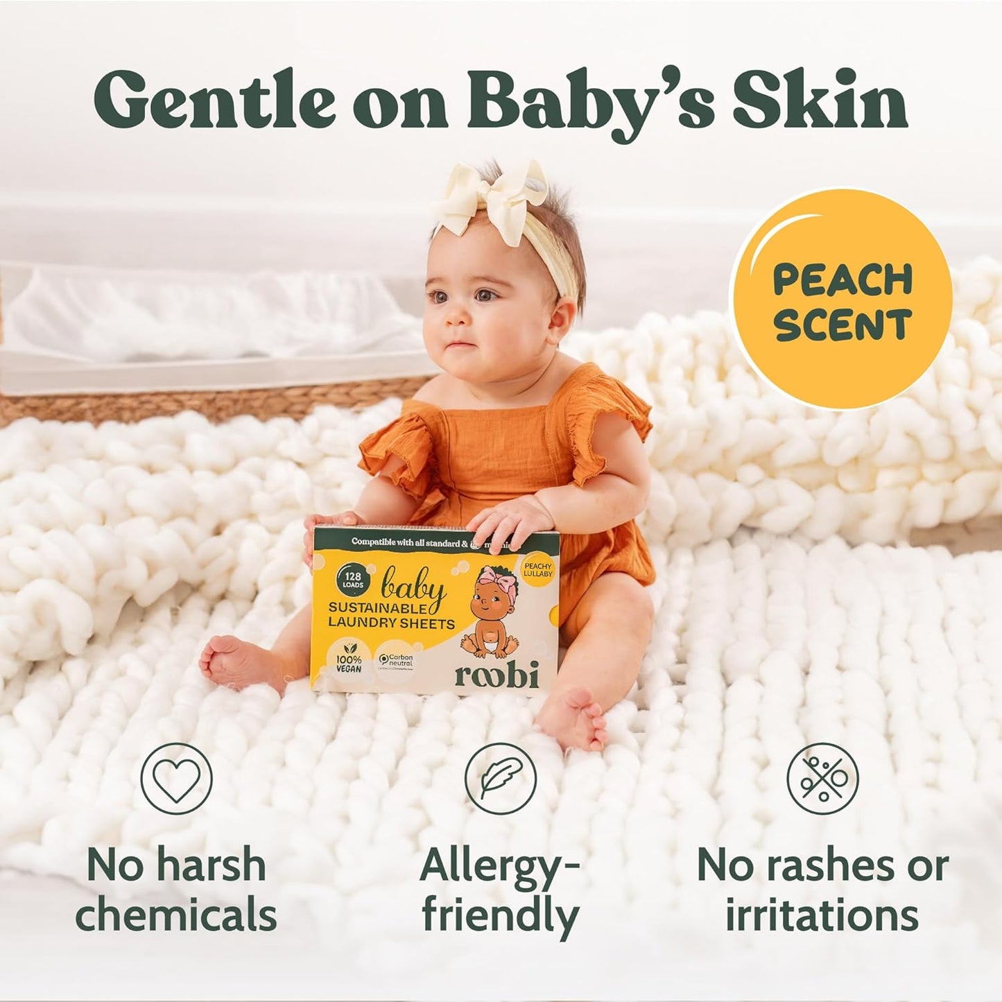 Roobi Baby Laundry Detergent Sheets. Specially Formulated for Sensitive Skin. Newborns, Infants & Toddlers Clothes. Peachy Lullaby Scent. Up to 128 Loads