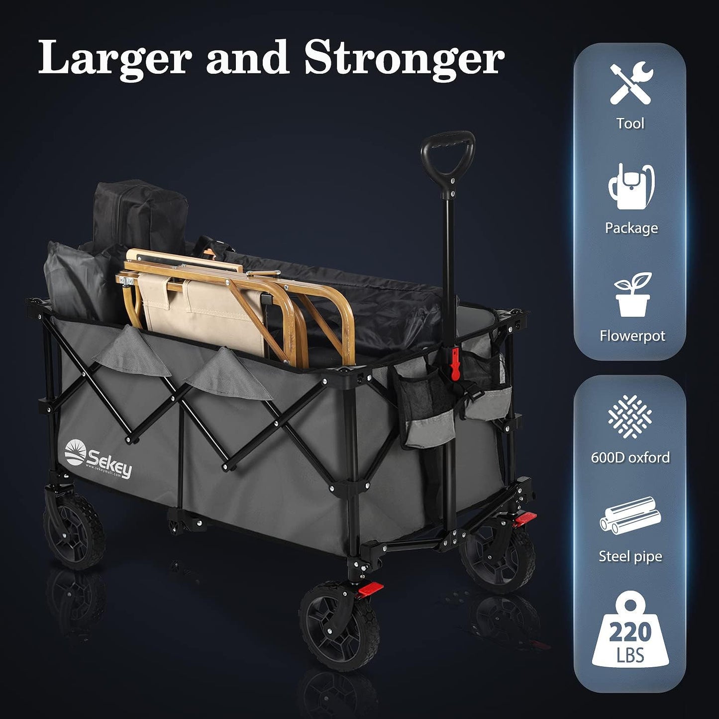 Sekey 220L Collapsible Foldable Wagon with 330lbs Weight Capacity, Heavy Duty Folding Wagon Cart with Big All-Terrain Wheels & Drink Holders (Grey)